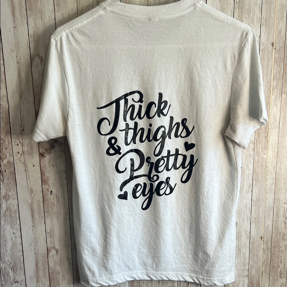 White Graphic Tee with Black Text on Back